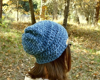 Slouchy Beanie Hat - Chunky Crochet Knit Toque Winter Hat - Small - Unisex Beanie - Smokey Gray - Ready to Ship