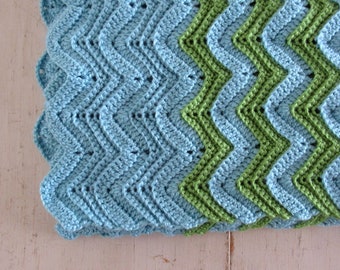 Crochet Baby Blanket Handmade Boys Bright Blue Green Chevron Striped Knit Stroller Blanket 33 x 30 Inches