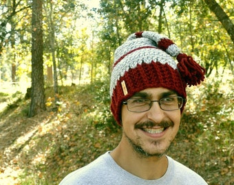 Long Crochet Hat - Pom Pom Winter Stocking Hat - Gray Mulberry Red - Crochet Santa Hat - Small S - Ready to Ship