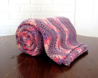 Crochet Baby Blanket - Handmade - Girls Purple Pink Wave Striped - Knit Security Blanket - 34 x 33 Inches