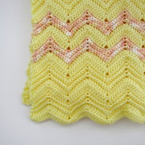 Crochet Baby Blanket - Handmade Yellow Pink Striped Blanket - Baby Girl Gift - Knit Security Blanket - 32 x 30 Inches