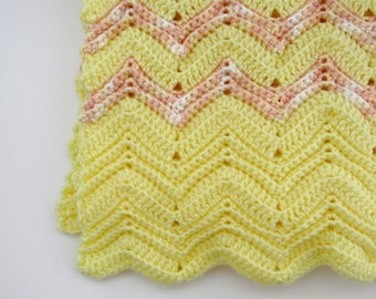 Crochet Baby Blanket - Handmade Yellow Pink Striped Blanket - Baby Girl Gift - Knit Security Blanket - 32 x 30 Inches
