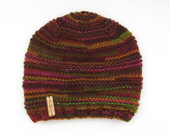 Hand Knit Fitted Beanie Hat - Unisex Womens Mens Winter Skull Cap - Vegan Friendly Fibers - Green Brick Red Mustard Brown Pink