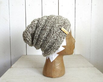 Slouchy Wool Beanie - Hand Knit Accordion Toque - All Natural 100% Wool - Oatmeal or Brown Heather - Ready to Ship