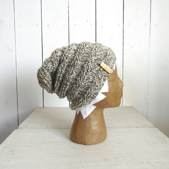 Slouchy Wool Beanie - Hand Knit Accordion Toque - All Natural 100% Wool - Oatmeal or Brown Heather - Ready to Ship