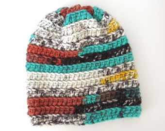 Beanie Hat - Slouchy Crochet Hat - Knit Winter Hat - Mens Womens - Medium - Multicolored - Ready to Ship