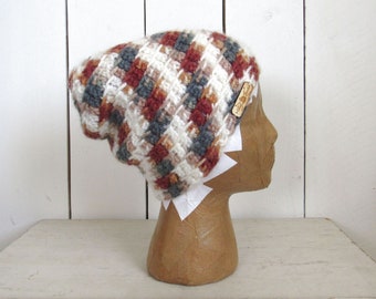 Striped Beanie Hat - Red White Blue and Beige Hat - Eco Friendly Slouchy Crochet Beanie - Small or Large - Ready to Ship