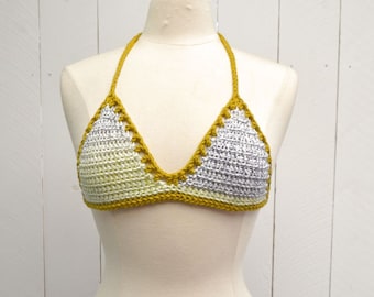 Crochet Triangle Bikini Top - Green White - Festival Bra Top - Size A/B Cup - Small