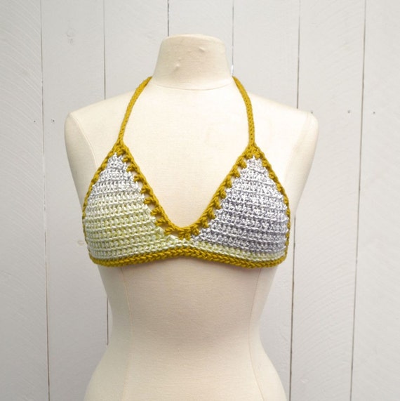 Crochet Triangle Bikini Top Green White Festival Bra Top Size A/B Cup Small  