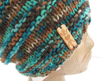 Fitted Knit Beanie Hat - Tropical Reef Striped Skull Cap - Vegan Friendly Fibers - Blue Green Tan Brown Winter Hat - Ready to Ship