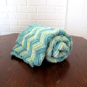 Crochet Handmade Baby Blanket -  Baby Boys Blue White Green Striped Knit Stroller Security Blanket - 32 x 30 Inches