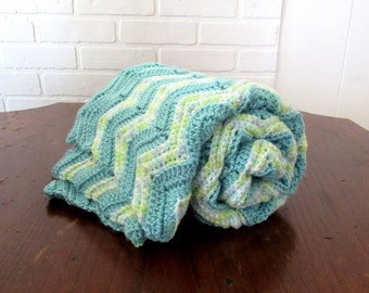 Crochet Handmade Baby Blanket -  Baby Boys Blue White Green Striped Knit Stroller Security Blanket - 32 x 30 Inches