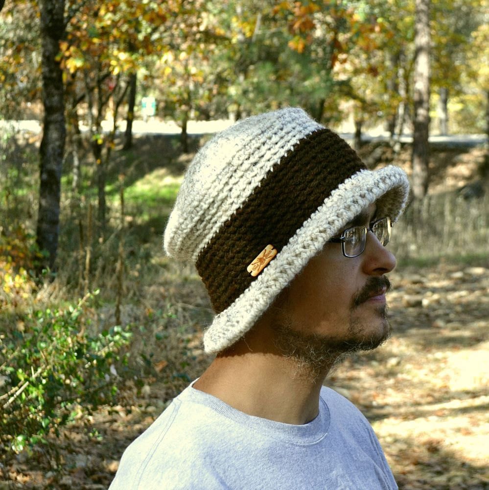 90s Style Bucket Hat - Crochet Knit Flat Top Rolled Brim
