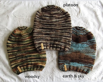 Slouchy Knit Beanie Hat Unisex Rasta Dread Hat Handmade Earth Tone Stripes - Brown Blue Stripe - Ready To Ship