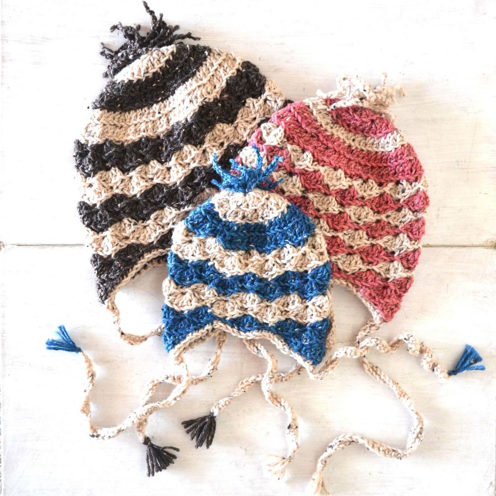Easy Crochet Pattern Striped Earflap Cat Hat With Pom Poms Adult