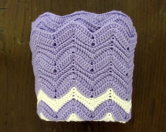 Crochet Baby Blanket - Handmade - Girls Purple White Chevron Striped - Knit Security Blanket - 35 x 32 Inches