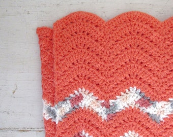 Salmon Pink Crochet Baby Blanket - Handmade Girls Wave Striped Knit Security Blanket - 34 x 29 Inches