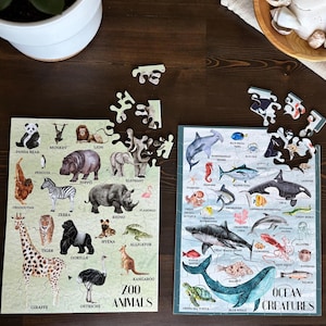 Wooden Animal Puzzle Set – Zoo & Ocean Creatures | 2-Pack Thick Piece Educational Puzzles for Kids | Montessori Learning Toy | Handmade