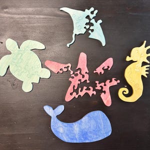 Handmade Wood Sea Creature Puzzle individual or set – Montessori Ocean sea creatures | Sea Turtle, Whale, Seahorse, Manta Ray, Starfish