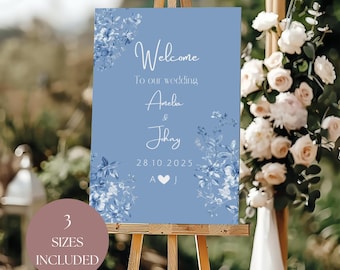 Plantilla de letrero de bienvenida para boda con flores en azul empolvado, tablero floral editable para boda, decoración en azul empolvado imprimible