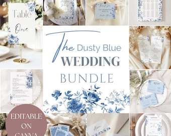 Könnte beinhalten: Eine Sammlung von Hochzeitsbriefpapier in Dusty Blue, darunter Einladungen, Menüs, Tischkarten und ein Sitzplan. Florale Designs und elegante Schriftarten sind im gesamten Bundle enthalten. Der Text "The Dusty Blue Wedding Bundle" ist zu sehen.