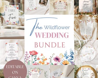 May include: A collection of printable wedding stationery featuring a watercolor wildflower design. The set includes save the dates, invitations, table numbers, menus, and more. The text is editable on Canva.