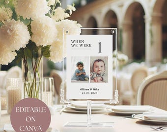 Números de mesa para bodas, plantilla editable de Canva, letreros con foto para números de mesa, diseño minimalista moderno