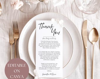 Plantilla minimalista de tarjeta de agradecimiento, servilleta editable de Canva, decoración de mesa de boda imprimible, diseño de mesa de agradecimiento