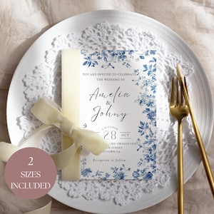 Floral Dusty Blue Minimalist Wedding Invitation, Editable Template Suite with RSVP, Instant Download