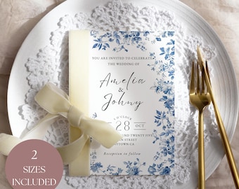 Floral Dusty Blue Minimalist Wedding Invitation, Editable Template Suite with RSVP, Instant Download