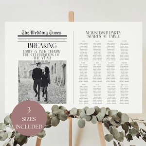 May include: A black and white newspaper style wedding seating chart with the headline "NEWSFLASH! Party Starts at Table". The chart lists guest names by table number, from one to twelve. The top of the chart features a black and white photo of a couple.