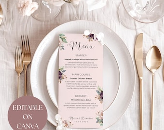 Floral Menu Template, Editable Wedding Menu, Printable Dinner Card, Customizable Floral Design for Events