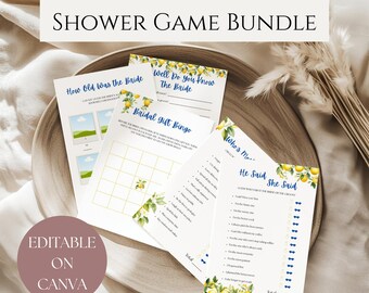 Lemon Bridal Shower Games Bundle, Printable Citrus Games, Fun Bridal Activities, Mediterranean Theme Games Pack