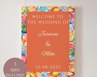 Stained Glass Wedding Sign Template, Digital Floral Design for Custom Decor, DIY Wedding Welcome Sign