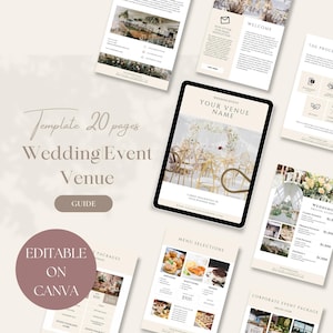 May include: A 20-page wedding event venue guide template, editable on Canva. The template features a light brown background with white text overlay. The text includes the words "Template 20 pages", "Wedding Event Venue", and "Guide". The template also includes a photo of a wedding venue with a floral arch and gold chairs.