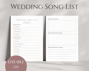 Wedding Song List Printable Template, Editable Music Checklist, Wedding Playlist, DJ Song List, Instant Download