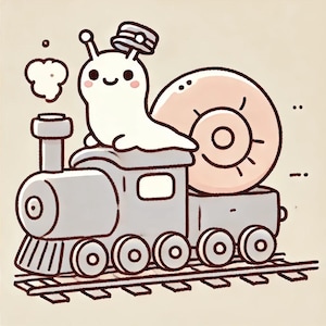 May include: A cartoon snail wearing a hat is riding a toy train. The train is gray with black wheels and a black chimney. The snail is white with a pink shell. The train is on a track with brown ties.