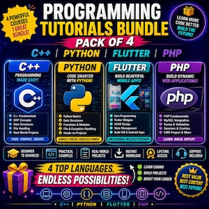 Programming Tutorials Bundle Pack of 4 | C++ Python Flutter PHP Courses | Coding & Web Development Training | Digital Download