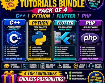 Programming Tutorials Bundle Pack of 4 | C++ Python Flutter PHP Courses | Coding & Web Development Training | Digital Download