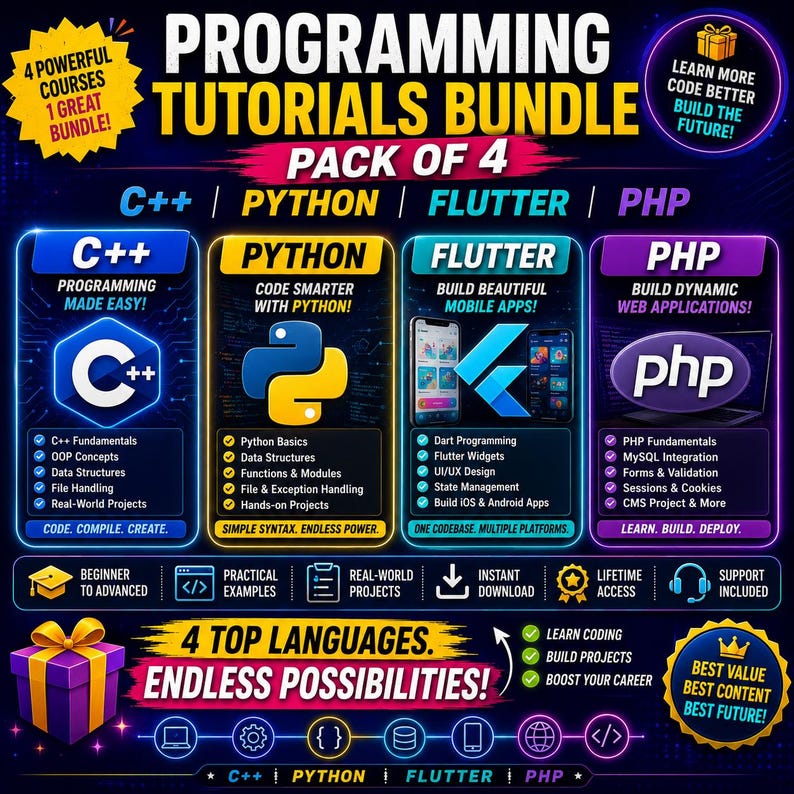 Lot de 4 didacticiels de programmation | Cours PHP C++ Python Flutter | Formation en codage et développement Web | Téléchargement numérique image 1