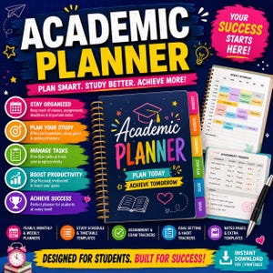 May include: A dark blue spiral-bound academic planner with colorful text and graphics, including a graduation cap, book, and heart. The cover reads Academic Planner, Plan Today, Achieve Tomorrow. Includes weekly schedule and assignment tracker pages.