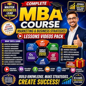 Puede incluir: Un anuncio digital para un curso de MBA completo con el texto Marketing & Business Strategies y Lessons Videos Pack. Incluye un diagrama circular de temas empresariales, una lista de módulos curriculares y una persona sonriente.