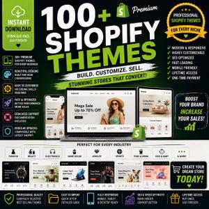 Może przedstawiać: Cyfrowa reklama ponad 100 motywów Shopify przedstawiająca laptopa z witryną modową, tablet z kolekcją do salonu oraz różne ikony reprezentujące branże takie jak moda, uroda, elektronika i wystrój wnętrz.