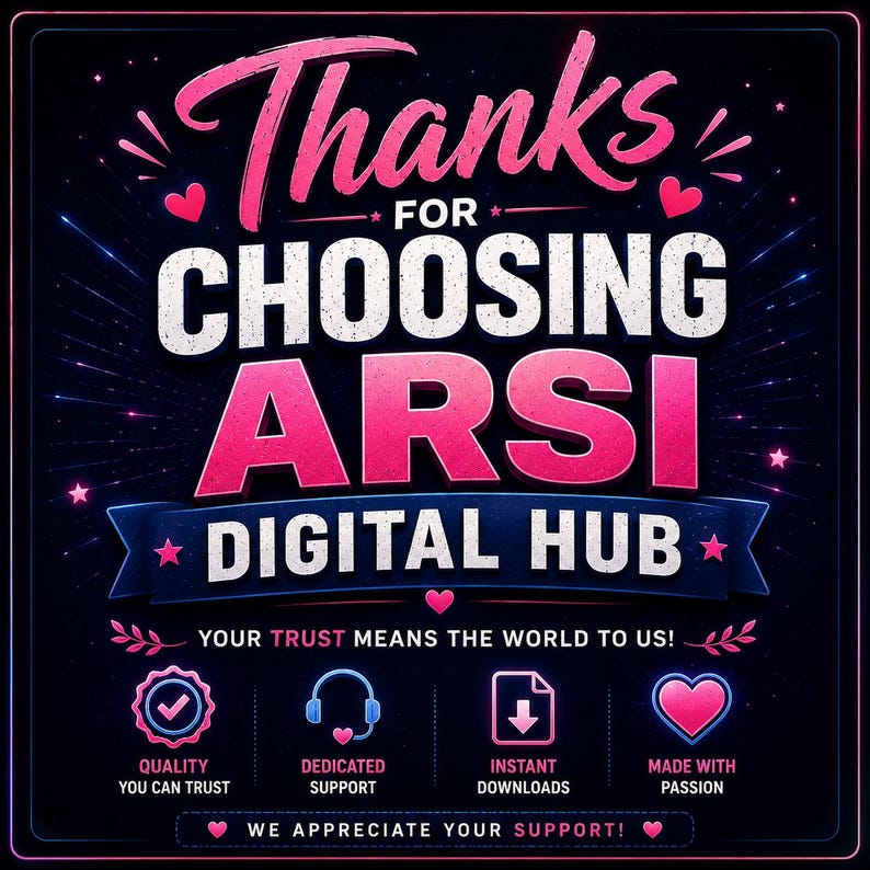 Peut inclure: Une affiche graphique sombre avec du texte rose et blanc indiquant Thanks for choosing ARSI Digital Hub. Elle inclut des ic&ocirc;nes pour la qualit&eacute;, le support, les t&eacute;l&eacute;chargements et la passion, avec le texte Your trust means the world to us.