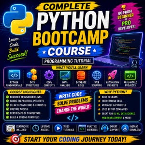 Peut inclure: Un graphique num&eacute;rique pour un cours complet de Python. Il pr&eacute;sente le logo Python, un ordinateur portable et des ic&ocirc;nes pour les structures de donn&eacute;es, SQL et le web scraping. Le texte inclut "Go from beginner to pro developer" et "Start your coding journey today!"