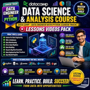 Puede incluir: Un anuncio digital para un curso de Ciencia de Datos y Análisis que muestra a una persona usando una computadora portátil. El gráfico incluye texto detallando la carrera de Ingeniero de Datos con Python, el plan de estudios y herramientas como Python.