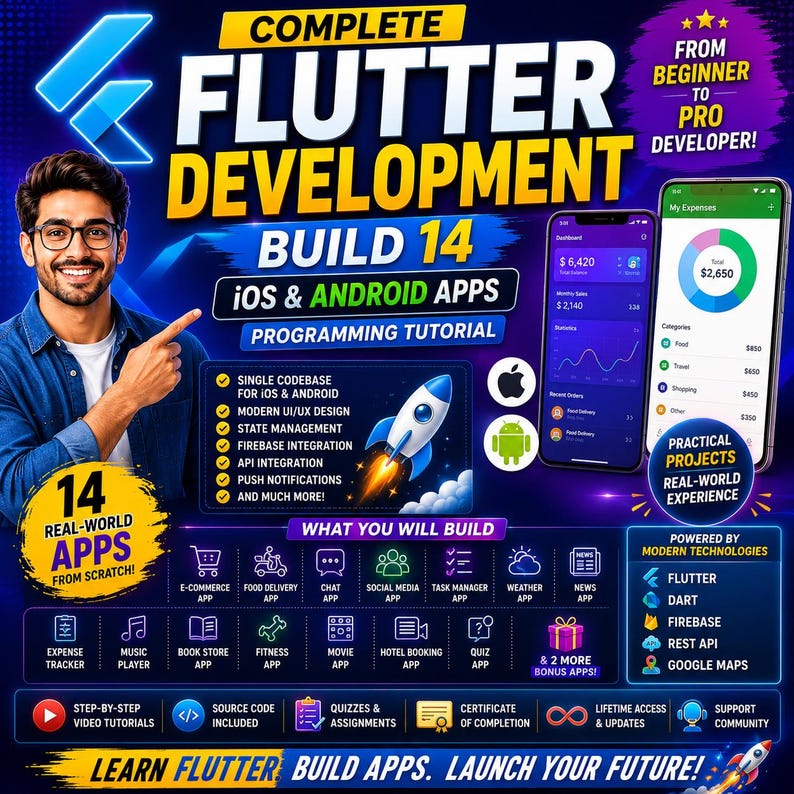 Peut inclure: Un graphique &eacute;ducatif num&eacute;rique pour un cours de d&eacute;veloppement Flutter. Il pr&eacute;sente du texte incluant Complete Flutter Development Build 14 iOS & Android Apps, une personne pointant du doigt, deux &eacute;crans de smartphone et une illustration de fus&eacute;e.