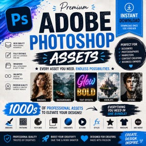 Könnte beinhalten: Eine digitale Grafikwerbung für Adobe Photoshop-Assets mit dem Text Premium Adobe Photoshop Assets, 1000s of professional assets sowie Kategorien wie Pinsel, Hintergründe, Texteffekte, Overlays und Aktionen.