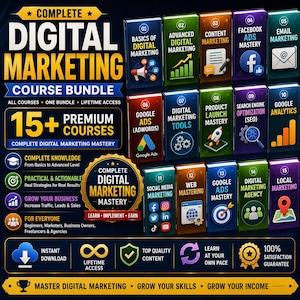 May include: A digital marketing course bundle graphic featuring 15 numbered rectangular icons representing various topics like content marketing, SEO, and social media. The text reads Complete Digital Marketing Course Bundle, 15+ Premium Courses, and Complete Digital Marketing Mastery.