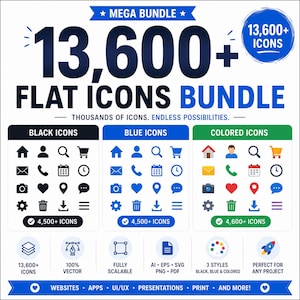 May include: A digital graphic advertisement for a mega bundle of 13,600+ flat icons. The layout features three distinct sections for black, blue, and colored icons, each containing 4,500+ items. Text includes file formats like AI, EPS, SVG, PNG, and PDF.